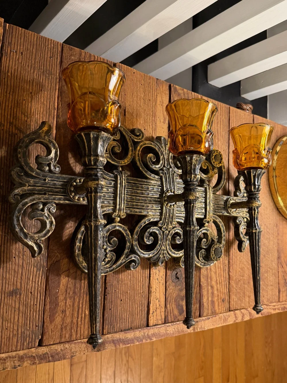 Vintage BOHO Gothic Farmhouse Amber Glass Triple Candle Wall Sconce